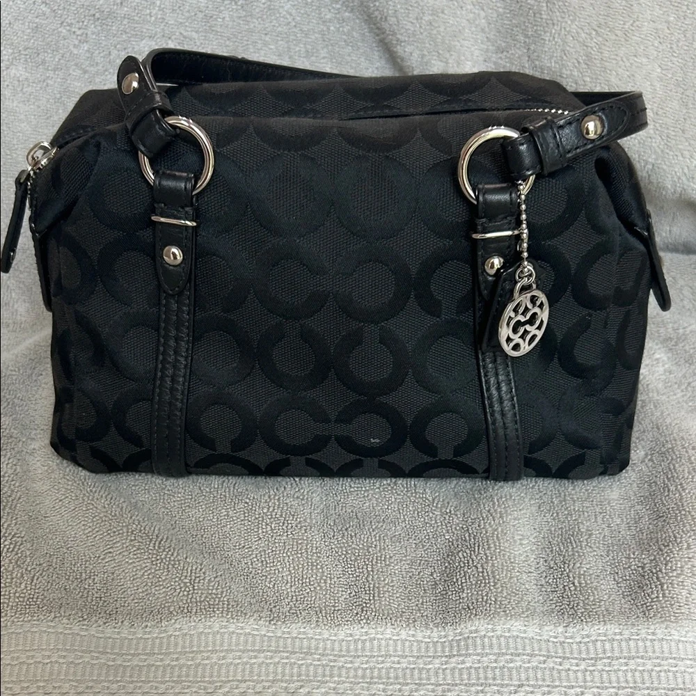 Coach Black Signature Jacquard Shoulder Bag with Silver Charm - Picture 1 of 16